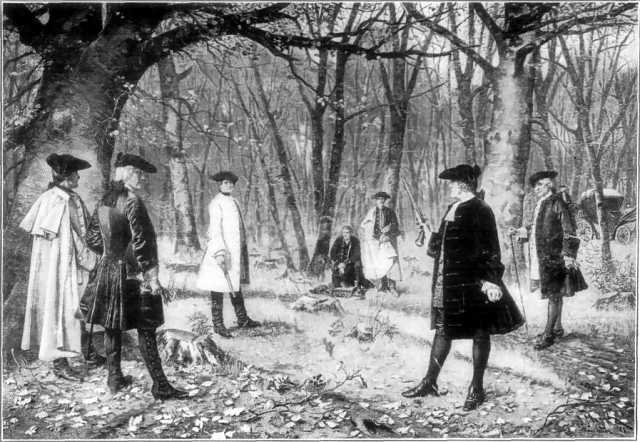 A contemporary depiction of the 1804 duel between former Treasury Secretary Alexander Hamilton and Vice-President Burr